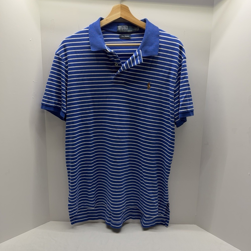 Polo Ralph Lauren Polo Shirt Mens Large Blue Striped Pima Interlock Pony Preppy